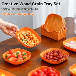 Creative Wood Grain Tray Set Salad Dessert Plate Simply Fruits Candies Food Tray Round Tableware Kitchen Accessories