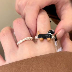 Korean Puppy Pearl Rings for Women Girls Cute Cartoon Dachshund Pearl Ring Set Fashion Jewelry Accessories Student Gifts