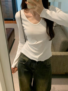Slimming Effect White Long Sleeve V-neck T-shirt Womens Early Autumn New Style Casual Simple Matching Base Shirt Top