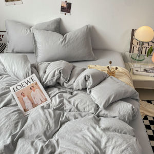 Dansunreve Solid Fitted Bedsheet Set Washed Cotton Soft Pillowcase Quilt Cover with Zipper Black/grey/green Single Queen King Fitted Sheet Mattress Cover Bedding Set Bed Sheet Duvet Cov