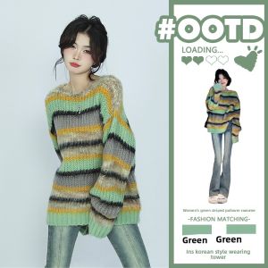 YUEZHONGWEI | Green Stripe Casual Style Knit Sweater
