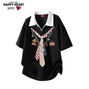 CHARLES JANGS HAPPY HEART | Fake Two-piece Shirt Collar Short Sleeve Mens T-shirt for Summer Preppy Style with Bear Print Couple Wear