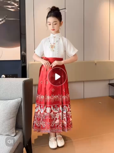 Setelan anak perempuan Gaya Cina lengan pendek+rok wajah kuda Kostum kuno Hanfu Set musim panas import