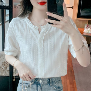 Ammin Mới Mùa Hè Bằng Gỗ Cạnh Tai Vintage Jacquard Pháp V Cổ áo cánh vải voan Phụ Nữ Của phong cách Hàn Quốc Một hàng khuy Móc Hoa khoét rỗng Hoa may ren Áo Blouse thanh lịch