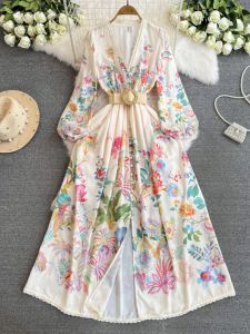 French Royal Style Formal Dress for Women Sweet Lace V-neck Double-Breasted Silm Long Design Print Dress