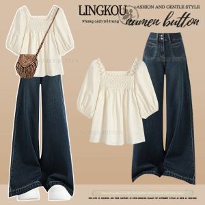 NUMEN BUTTON | Bộ Áo Cổ Vuông Hở Lỗ Kiểu Hàn Quốc Và Quần Jeans Ôm Cao