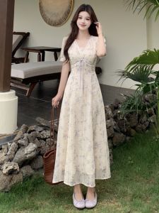 RELNLEX | Đầm Hè In Hoa Phong Cách Retro Dây Đai Ép Eo Cho Người Béo