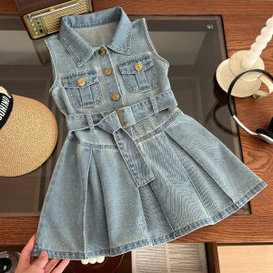 Summer New Girls Denim Dress Belt Decoration Lapel Collar Sleeveless Tutu Princess Dress For 3-10 Years Kids Fashion Dress