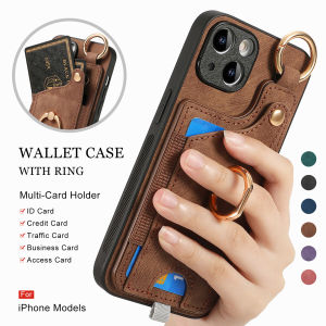 Elastic Card Holder iPhone 14 15 Pro Max Wallet Case Leather Cover Vintage Ring Holder Keyring iPhone 11 12 13 14 Pro Max Full Body Shockproof Protective Case with Anti-Slip Grip