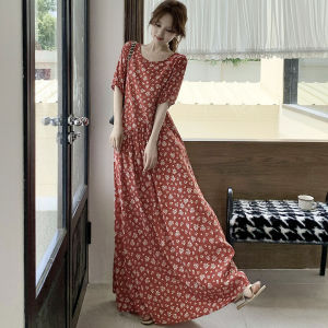 French Vintage Brown Puff Sleeves Summer Loose Fit Slimming Dress