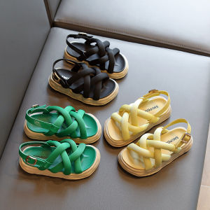 Girls Summer New Fashion Woven Sandals Soft Bottom Beach Shoes Little Girls Cute Knot T-Strap Anti-Slip EVA Kids Footwear