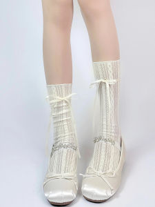 Spring and Summer Thin Ballet Style Bunching Socks Mesh Breathable Lace Stockings Female JK Hollow out Tied Bows Tube Socks