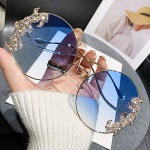 New Rimless Cut Edge Diamond Sunglasses Fashion Round Rhinestone Sunglasses Wave Design Mirror Leg Glasses