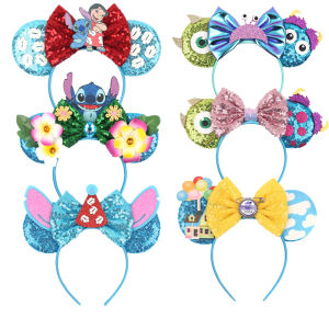 2026 Disneyland Lilo & Stitch Mickey Ears Headbands Sequin 5"Bow Hairband Girls Boys Festival Party Cosplay DIY Hair Accessories
