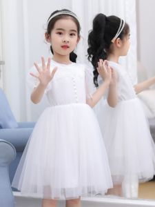 Princess Style Summer Dress for Girls White Puffy Sleeve Tulle Skirt Cotton Fabric A-Line Skirt Festive Wear Short Sleeve