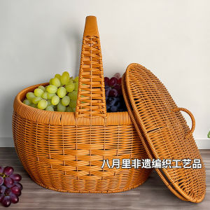 Handwoven Outdoor Shopping Basket with Lid Egg Basket Picnic Basket Large Capacity Handheld Wicker Basket Family Storage Tool