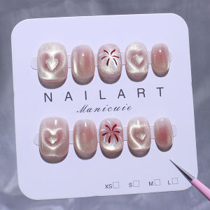 เล็บสวมใส่แบบมีขอบสีชมพู ตาแมว ลูกปัดสีแดง ทาเล็บแบบสวมใส่ได้ ทำด้วยมือ ทรงสั้น ขอบกลม สีสันสดใส ระดับไฮเอนด์