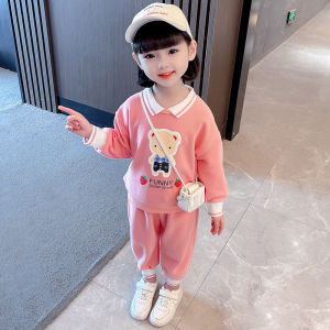 ชุดเสื้อสเวตเตอร์คอกลมผ้าฝ้ายลำลองสำหรับเด็กผู้หญิง ชุดกีฬาฤดูใบไม้ร่วง ชุดสองชิ้น สไตล์หวานๆ อบอุ่นๆ เหมาะกับเด็กวัยเตาะแตะ