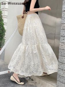 กระโปรงจีบผ้าลูกไม้สไตล์ฝรั่งเศสสำหรับฤดูร้อน กระโปรงทรงเอเอวสูง ผ้าไนลอน กระโปรงทรงเอ กระโปรงสั้น กระโปรงยาวปานกลาง