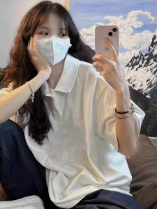 White Polo Neck Short Sleeve T-Shirt Womens Loose Casual Simple College Style Turn Collar INS Summer New Style Korean Version