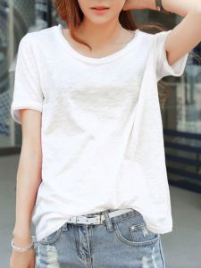 เสื้อยืดคอกลมแขนสั้นผ้าฝ้ายลายกระบอกไม้ไผ่สไตล์เกาหลีสำหรับผู้หญิงไซส์ใหญ่ในช่วงฤดูร้อน เสื้อเชิ้ตทรงหลวมสบาย ๆ