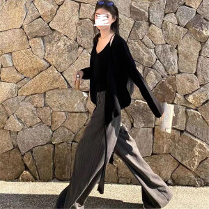 Weizhen Gentlewomen High Waist Striped Straight Leg Casual Pants Womens Autumn Trousers Comfortable Long Pants