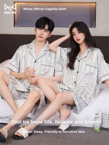 MiiOW | Ice Silk Pajamas Short Sleeve Short Pants Lightweight Summer Home Clothes For Couples Cat Person Brand 2025 New Style Polyester Fiber