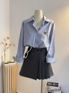 Korean Style Bow Embroidered Long Sleeve Shirt Casual Loose Lapel Striped Blouse Top