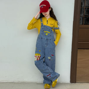 MPW | Girls Fashionable Spring Autumn Denim Overalls Embroidered Towel Top And Bottom Set Breathable Comfortable Casual Wear