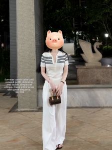 HUOLISI | Striped White Button Placket Short Sleeve Knit T-Shirt