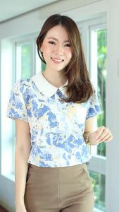 NEW❣️Narinari : MT0101 Peter Pan Collar Blouse เสื้อทำงานปกบัว ลายตาราง ลายกราฟิก