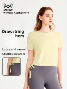 miiow | Cat Person Sports Top Womens Summer New Drawstring Waist Slim Short Yoga Fitness Short Sleeve Breathable Casual Style Pure Color