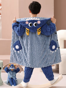 ชุดนอนผ้าคอรัลฟลีซใส่ช่วงฤดูหนาวสำหรับเด็กและเด็กผู้ชายชุดนอนแบบยาวผ้าสักหลาดลายมอนสเตอร์ลายการ์ตูนหนาพิเศษสำหรับผู้ชายตุ๊กตายัดนุ่นสำหรับเด็กโต