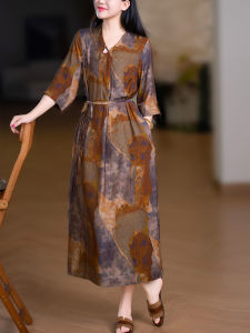XIAOER | Art Printed Crease Resistant Silk V-Neck Belted Dress