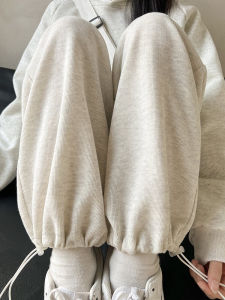 สูงสีเทา เอว ผู้หญิง กางเกงวอร์ม สไตล์อเมริกัน กางเกงลำลอง ผ้าขนแกะ กางเกงขากว้างมีซับใน ฤดูใบไม้ผลิ ฤดูใบไม้ร่วง ฤดูหนาว ทรงหลวม