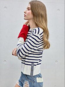 Juicy Couture | Striped Boat Neck Button Waist Long Sleeve Knitted Sweater