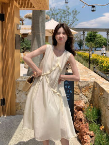 Milk Chocolate Pleated French Style Womens Summer Loose Vest Dress High Waist A-Line Skirt Casual No-Sleeve round Neck Dress