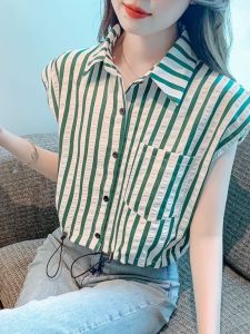 French Style Short Sleeve Striped Shirt Womens Summer 2025 New Age Reduction Drawstring Design Loose Fit Polo Collar Top