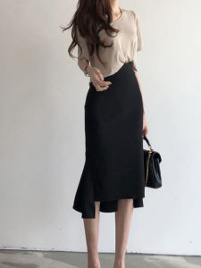 กระโปรงทรงหางปลาสีดำเอวสูงสไตล์ฝรั่งเศสย้อนยุค กระโปรงทรงเอเข้ารูปสำหรับใส่ไปทำงาน ทรงเอ ผ้าฝ้ายผสมสแปนเด็กซ์