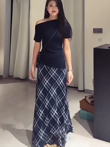 Plus Size S-5XL Women Korean Fashion Retro High Waist Plaid Fishtail Skirt Elastic Waist Maxi Skirts