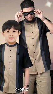 Baju Koko Couple Ayah dan Anak Terbaru 2024 Lengan Pendek Kombinasi Koko Kurta Couple Modern Set Pakaian Muslim Pria Terbaru Kekinian Viral