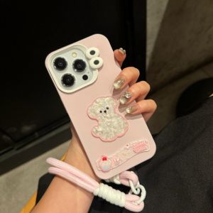 💗Internet celebrity trend+In stock+COD Korean Cute Puppy Cake Solid Color Pink Eyes Case with Portable Rope for iPhone 16 15 14 13 12 11 Pro Max Back Cover