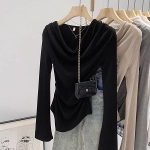Elegant French Style Ruffled Asymmetrical Long Sleeve T-Shirt