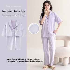 MiiOW | Pure Cotton Womens Sleepwear Short Sleeve Thin Home Clothes Set With Chest Pad Long Pants Comfortable Breathable Spring Summer