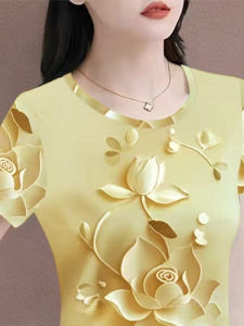 เสื้อยืดแขนสั้นพิมพ์ลายแฟชั่นสตรี ทรงสลิมฟิต คอตั้ง แขนสั้น ปกปิดหน้าท้อง สำหรับผู้หญิง วัย 18-35 ปี ฤดูร้อน 2025