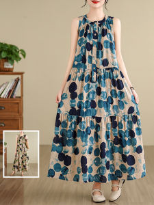 Large Size Womens A-Line Long Dress Color Block Polka Dot Print Cotton Linen Thin round Neck Sleeveless Vest Dress Slimming