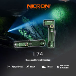 Nicron Flashlight L74 (Green)/B74pro(Black) EDC Flashlight 1000lumens/126meter/IP65 Waterproof Pocket Flashlight Torch With 14500 & AA dual-fuel Rechargeable Flashlight For Outdoor Camping Hiking Riding Walking Household Christmas Gift(Green/Black)