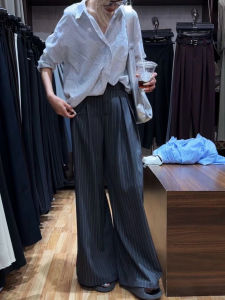 Quần Ống Rộng Kẻ Sọc Cổ Điển Cạp Cao Cho Nữ Mùa Xuân Thu Mới Rộng Rãi Phong Cách Hàn Quốc Thẳng Quần Dài Ống Rộng