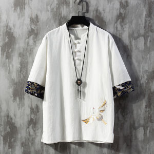 Rộng Rãi Fit Vải Lanh Cotton Vải Bông Áo Thun Nam Tay Ngắn Mùa Hè Tang Suit Qipao Tay Lửng Cotton Vải Bông Vải Lanh Rộng Rãi Áo Sơ Mi Cỡ Lớn