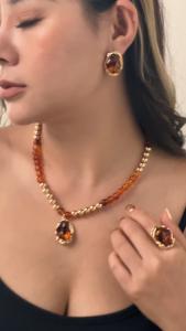 Gold Tone Baroque Pearl & Tiger Eye Stone Jewelry Set for Women Vintage Irregular Pendant Necklace Earrings Ring 3Pcs Fashion Jewelry